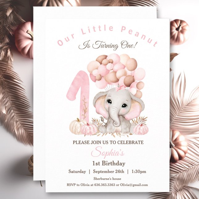 Invitation Premier anniversaire mignon éléphant automne fille (First Birthday Cute Elephant Fall Girl Invitation)