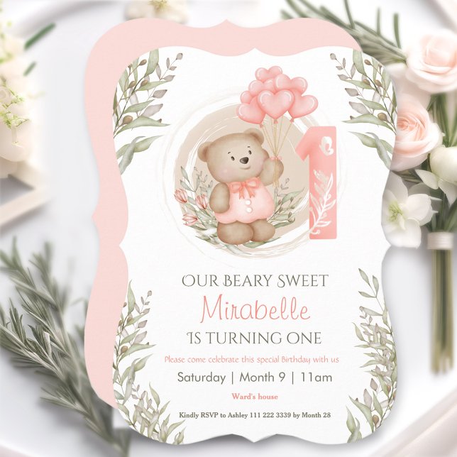 Invitation Premier Anniversaire Mignonne Teddy Bear Ballons C (First Birthday Cute Teddy Bear Heart Balloons Invitation)