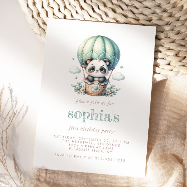 Invitation Premier Anniversaire Monnaie Vert Aquarelle Panda  (Créateur téléchargé)