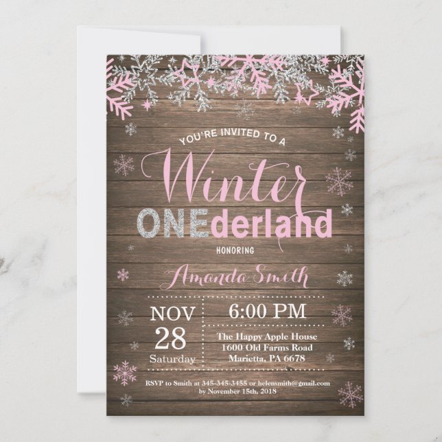 Invitation Premier Anniversaire Onederland Rose Argent Fille (Devant)