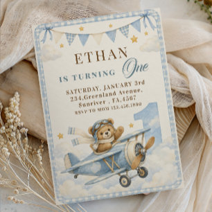 Invitation Premier anniversaire Ourson Gingham Bleu Avion
