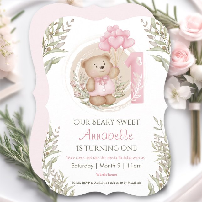 Invitation Premier anniversaire Ourson Mignon Cœur Ballons (First Birthday Cute Teddy Bear Heart Balloons Invitation)