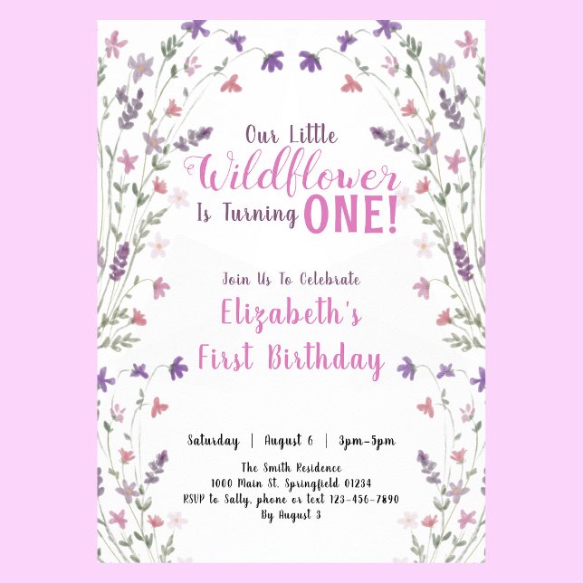 Invitation Premier anniversaire Petit Fleur sauvage Floral Gi (Créateur téléchargé)