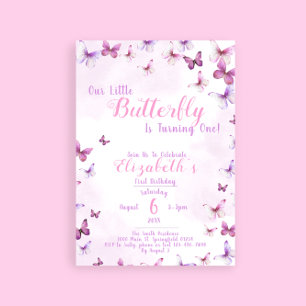Invitation Premier anniversaire petit papillon rose fille 1er