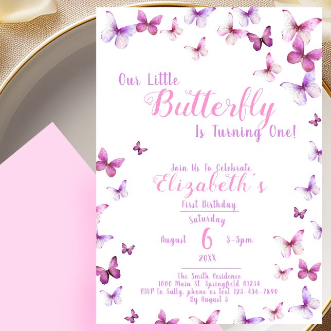 Invitation Premier Anniversaire Petite Papillon Fille Rose (Créateur téléchargé)
