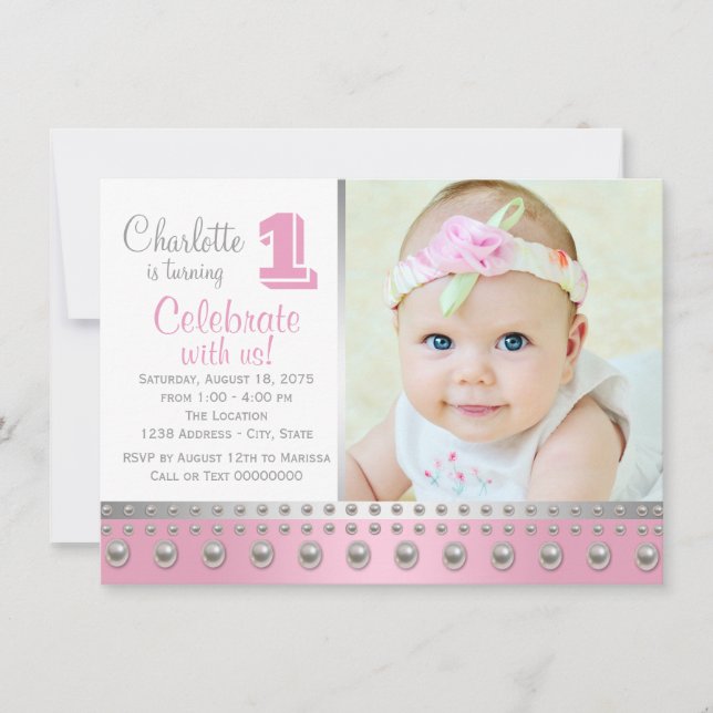 Invitation Premier anniversaire Pink Silver Pearl (Devant)