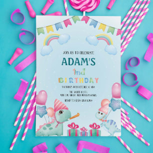 Invitation Premier Anniversaire Rainbow & Green Dinosaur
