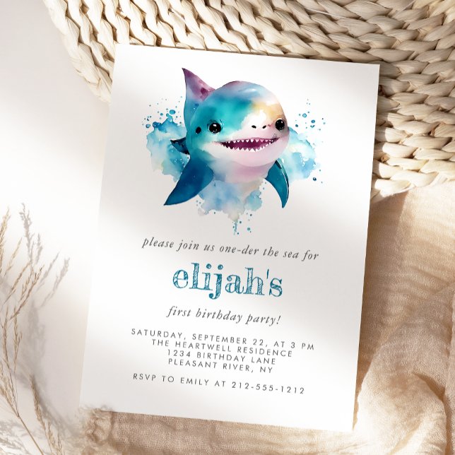 Invitation Premier Anniversaire Requin Bleu Mignon Aquarelle (Créateur téléchargé)