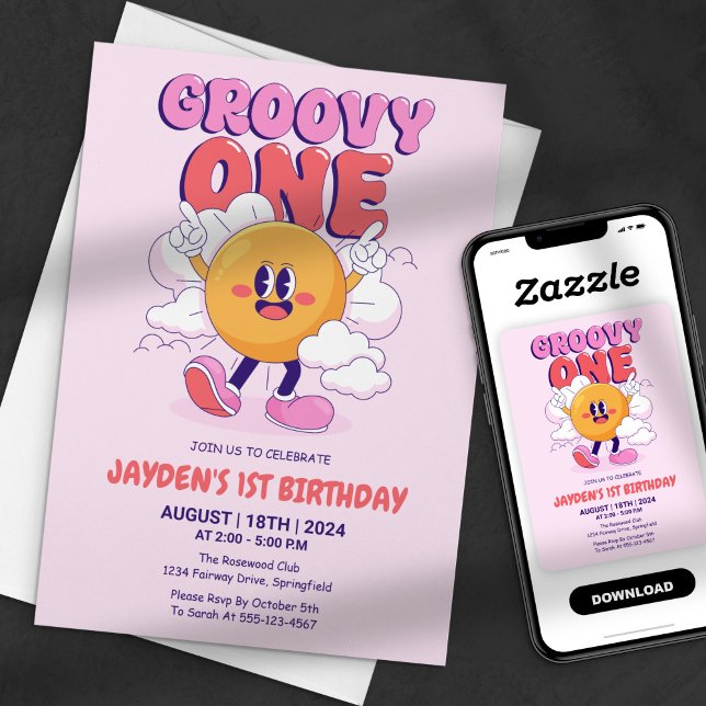 Invitation Premier anniversaire rétro groovy rose (Créateur téléchargé)