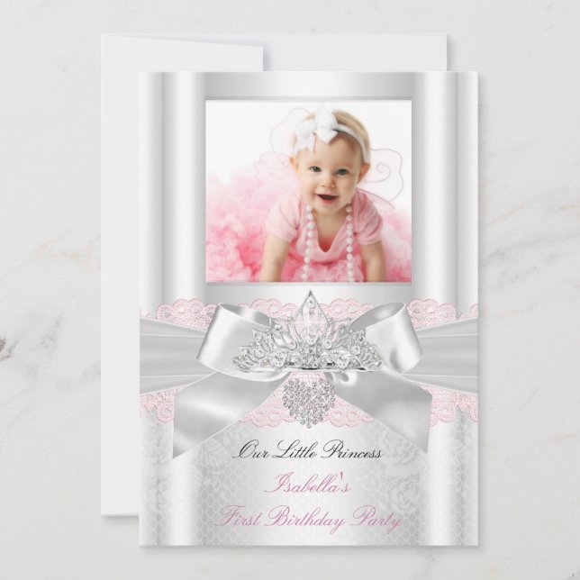 Invitation Premier Anniversaire Rose Blanc Dentelle Diamond T (Devant)