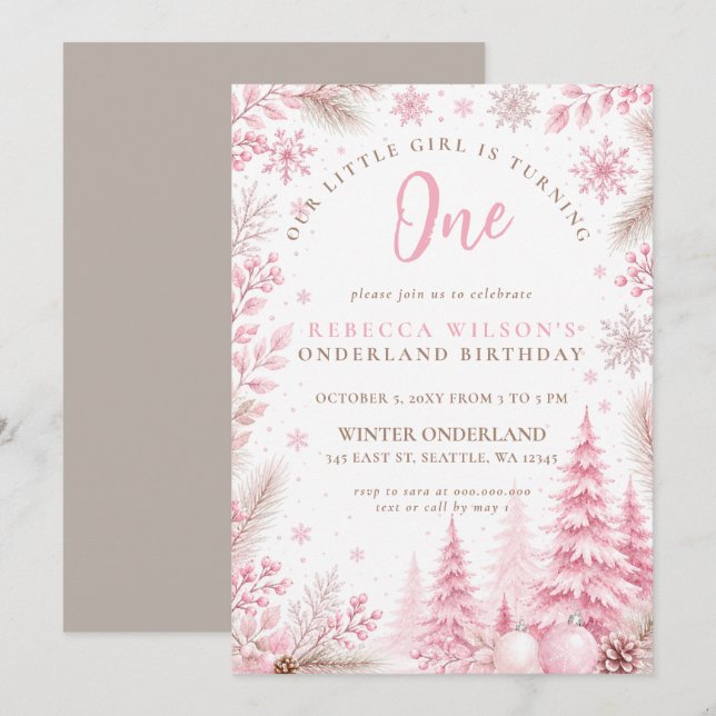 Invitation Premier anniversaire rose flocon de neige Onderlan (Devant / Derrière)