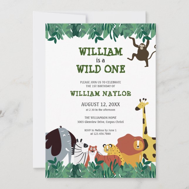 Invitation Premier Anniversaire Safari Jungle Fou (Devant)