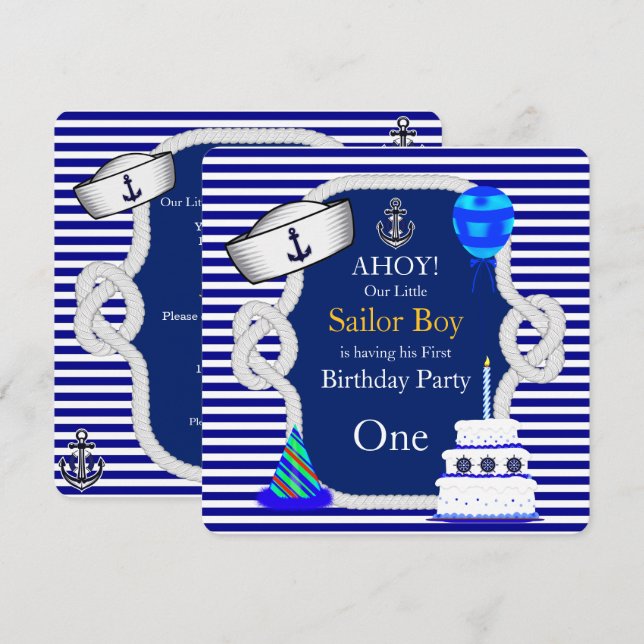Invitation Premier Anniversaire Sailor Boy Blue Stripe (Devant / Derrière)