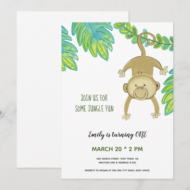 Invitation Premier anniversaire Singe Jungle animaux Invitati (Devant / Derrière)