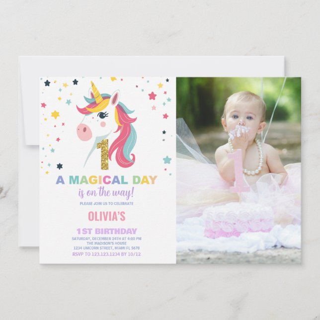 Invitation Premier anniversaire Unicorn Anniversaire Invitati (Devant)