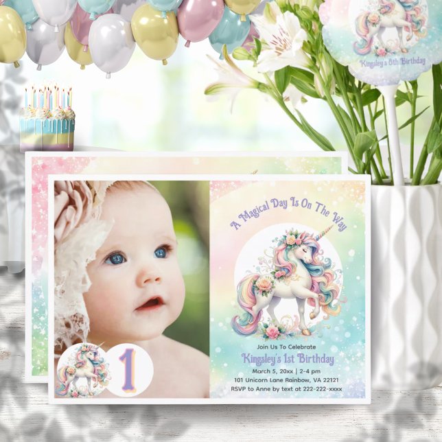 Invitation Premier Anniversaire Unicorn Thème Pastel Rainbow (First 1st Birthday Unicorn Theme Pastel Rainbow Invitation)
