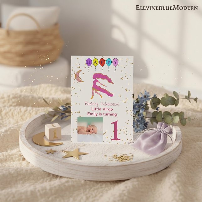 Invitation Premier anniversaire Vierge or, Ballons & Photo (Virgo 5” x 7” Photo Invite. Visit Virgo Zodiac Birthday Party Collection for more items.)