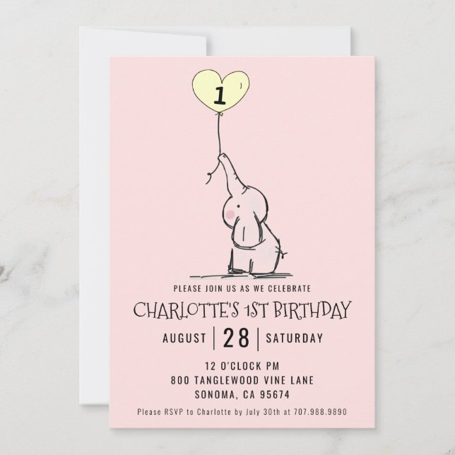 Invitation Premier anniversaire Whimsical | Rose éléphant (Devant)