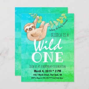 Invitation Premier anniversaire Wild One Jungle Sloth Party
