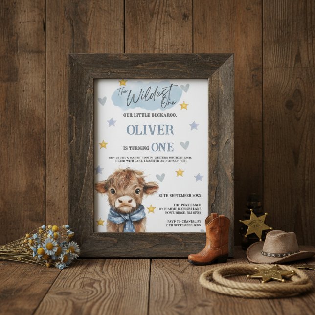 Invitation Premier Anniversaire Wild West • Thème Little Buck (Cowboy-style Wildest One birthday invite in rustic frame with hat, rope, and burlap background)