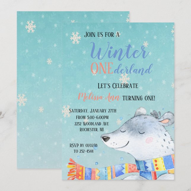 Invitation Premier Anniversaire Winter Onederland (Devant / Derrière)