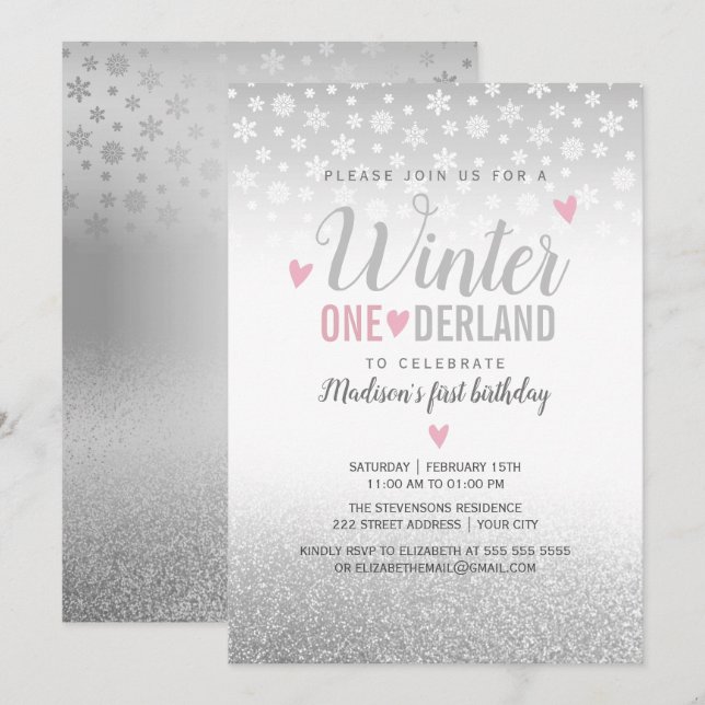 Invitation Premier Anniversaire Winter Onederland Rose Argent (Devant / Derrière)