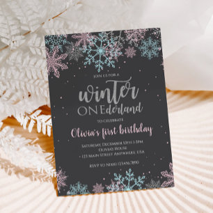 Invitation Premier anniversaire Winter Onederland Rose Bleu N