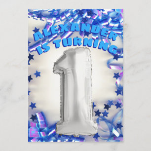 Invitation Premier argent d'anniversaire et partie bleue de