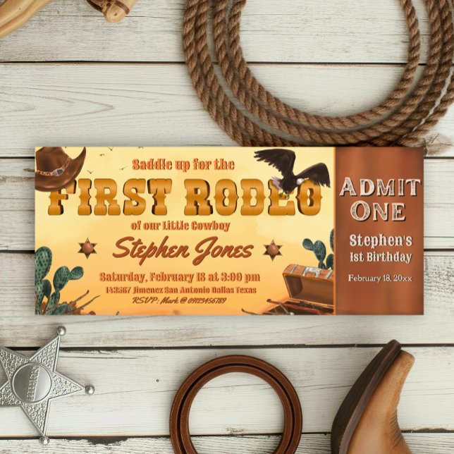 Invitation Premier billet de rodéo  (First Rodeo -  Boy 1st Birthday Cowboy Ticket Invitation)
