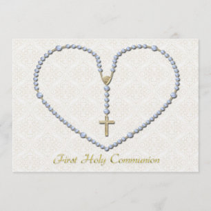 Invitation Premier bleu de coeur de chapelet de communion