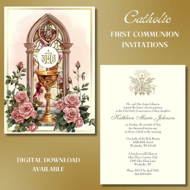 Invitation Premier Chalice Communion Hôte Rose Floral (Créateur téléchargé)