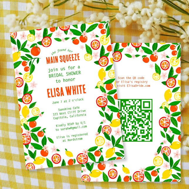 Invitation PREMIER CHOIX Citrus Fruit QR Été LANCEMENT DE MAR (MAIN SQUEEZE Citrus Fruit QR Summer BRIDAL SHOWER Invitation
)