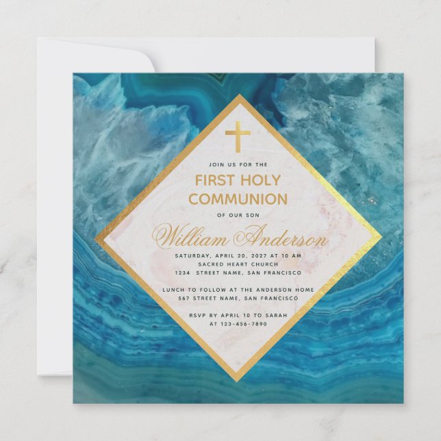 Invitation Premier Communion Boy Blue Geode Faux Gold Marble (Devant)