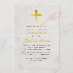 Invitation Premier Communion Gold Cross Marbre Élégant Script