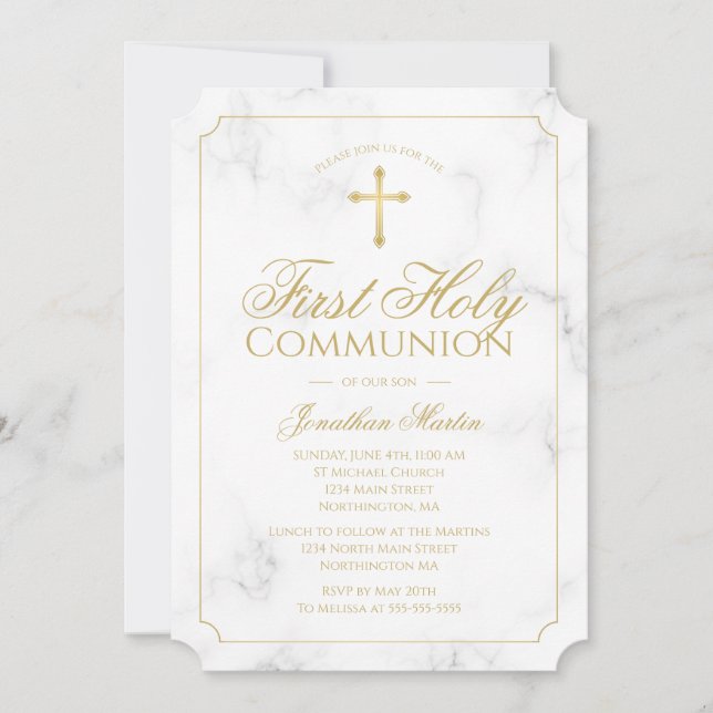 Invitation Premier Communion Marbre Elegant Gold Script garço (Devant)
