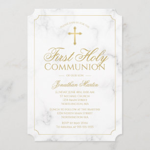 Invitation Premier Communion Marbre Elegant Gold Script garço
