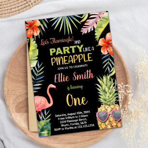 Invitation Premier Flamant rose noir et ananas Anniversaire