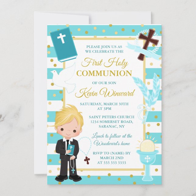 Invitation Premier garçon blond à communion solennelle avec r (Devant)