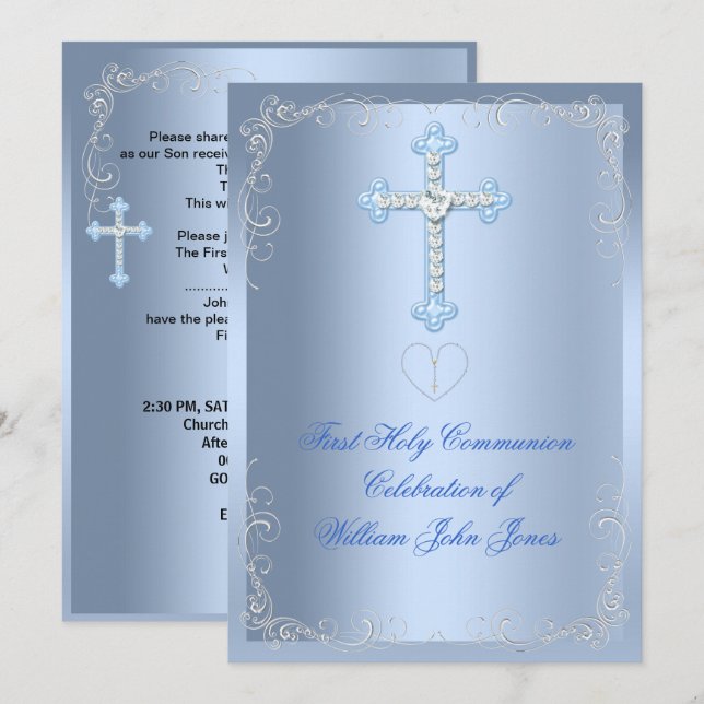 Invitation Premier garçon communion solennelle argent bleu (Devant / Derrière)