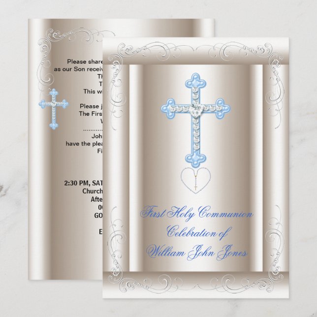 Invitation Premier garçon de la Sainte Communion Sépia Bleu (Devant / Derrière)