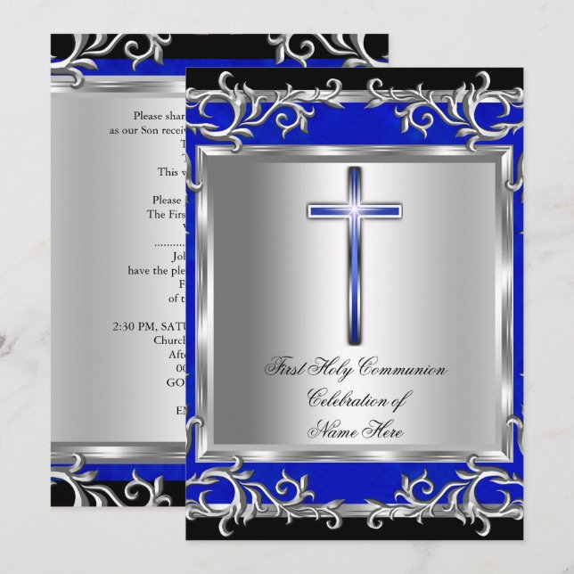Invitation Premier garçon ou fille communion argent bleu (Devant / Derrière)