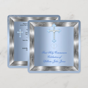 Invitation Premier garçon Sainte Communion Argent Bleu 2a