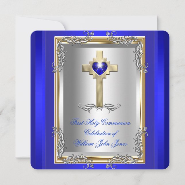 Invitation Premier garçon Sainte Communion Argent Or Royal Bl (Devant)