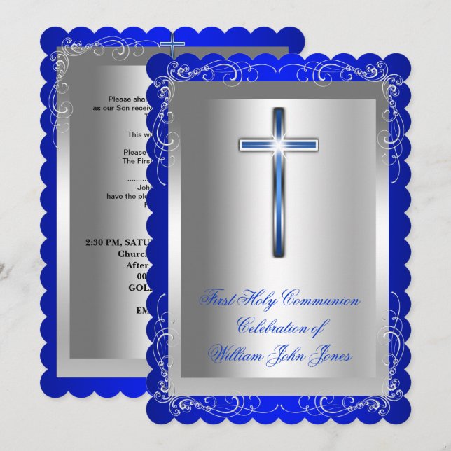 Invitation Premier garçon Sainte Communion Argent Royal Bleu  (Devant / Derrière)