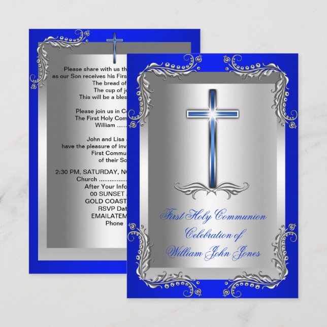 Invitation Premier garçon Sainte Communion Argent Royal Bleu  (Devant / Derrière)