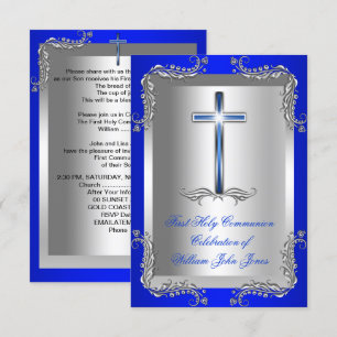 Invitation Premier garçon Sainte Communion Argent Royal Bleu 