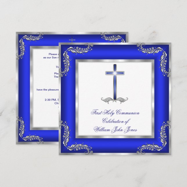 Invitation Premier garçon Sainte Communion Bleu Royal Argent  (Devant / Derrière)
