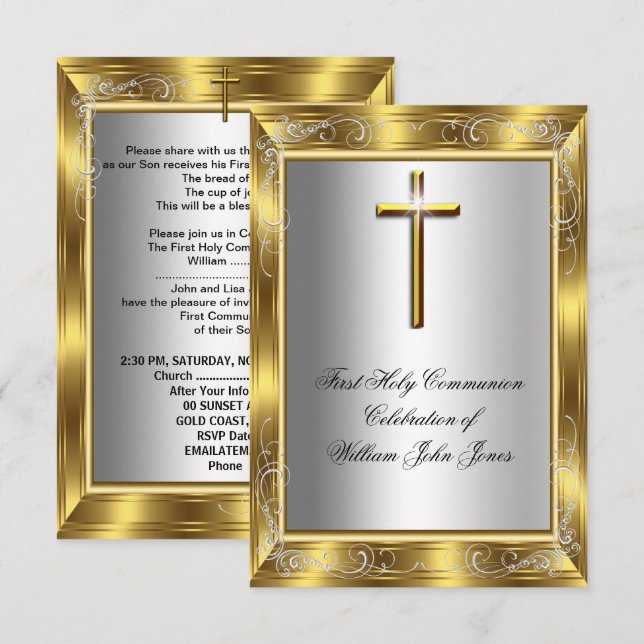Invitation Premier garçon Sainte Communion croix argent or 2 (Devant / Derrière)