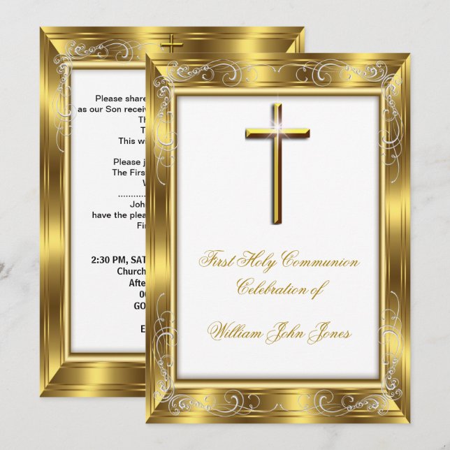 Invitation Premier garçon Sainte Communion Croix en Or Blanc  (Devant / Derrière)