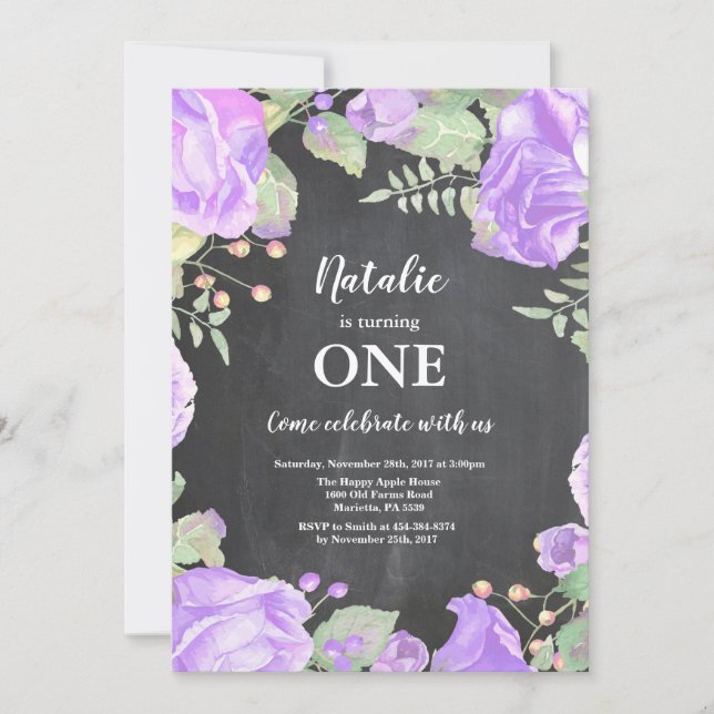 Invitation Premier jour de Birthday Invite Purple Floral (Devant)